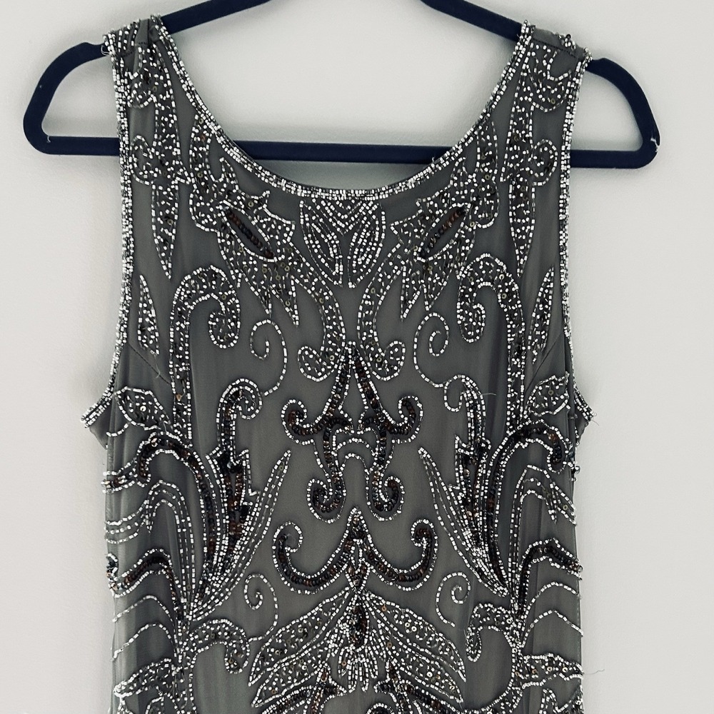 Vtg Pisarro Nights Gatsby Gown 12 Beaded Mesh Maxi Art Deco Flapper Gray Dress